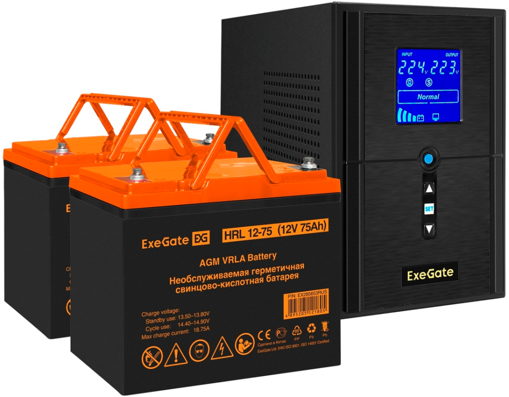 ExeGate SineTower SZ-1500.LCD.AVR.2SH.1C13.USB + 2x HRL 12-75 (75Ач)