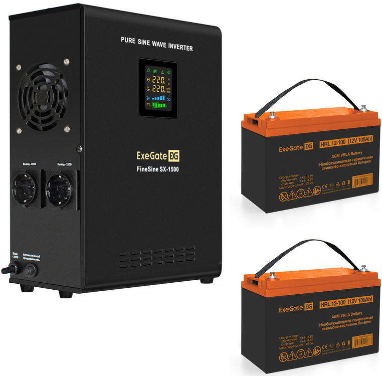 ExeGate FineSine SX-1500.LCD.AVR.2SH + 2x HRL 12-100 (100Ач)